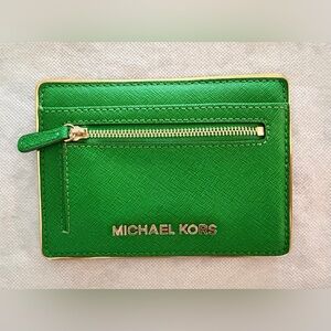 Michael Kors Kelly Green Leather Card Case with Gold Trim